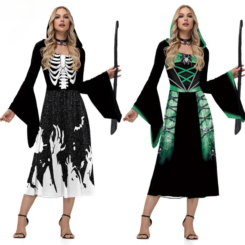 Halloween Skeleton Cosplay Costumes for Women Medieval Robe Vintage Party Hooded Dress Witch Scary Clothes Day of The Dead