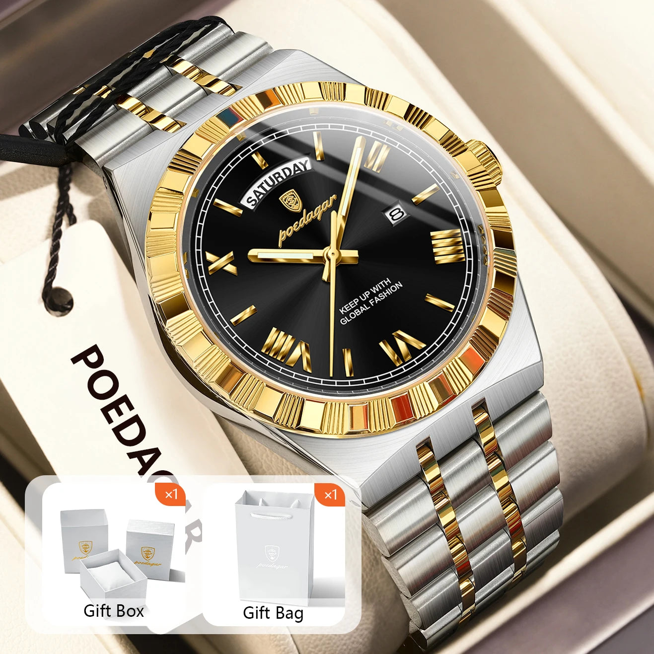 POEDAGAR Original Male Watch Luminous Waterproof Week Date Men Wristwatch Stainless Steel Business Quartz Men's Watches Gift+Box