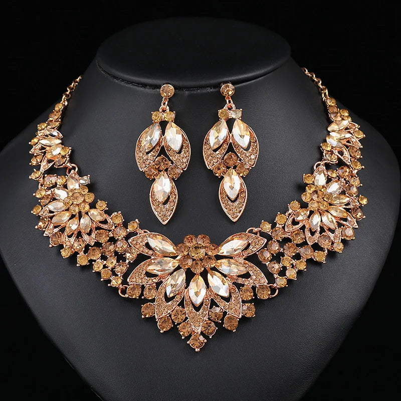 Advanced design retro necklace earring set leaf Multicolored flowers luxurious crystal jewelry bride's wedding dress accessories