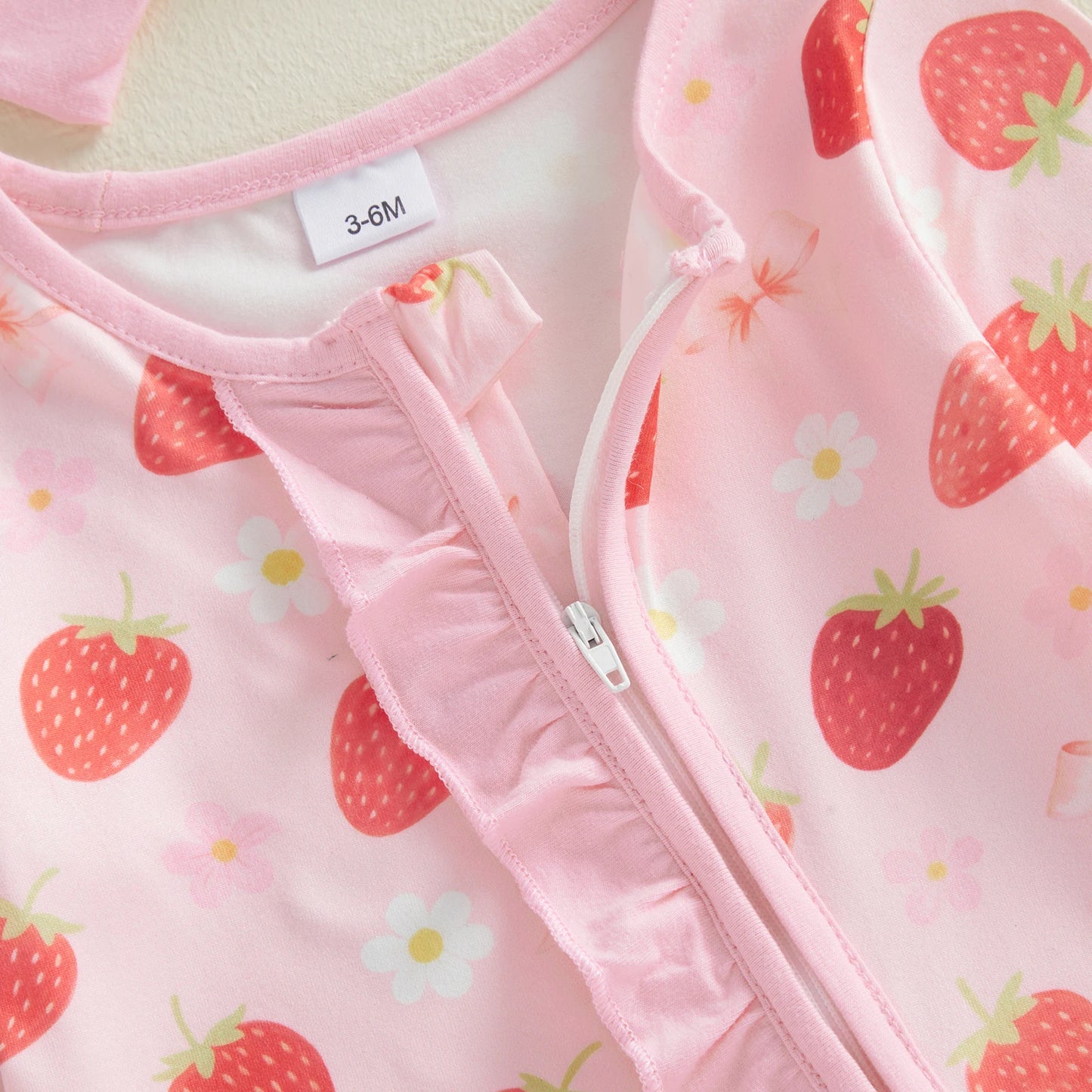 Newborn Baby Girl Footed Romper Strawberry Bow Print Long Sleeve Zip Up Round Neck Ruffled Jumpsuit with Headband