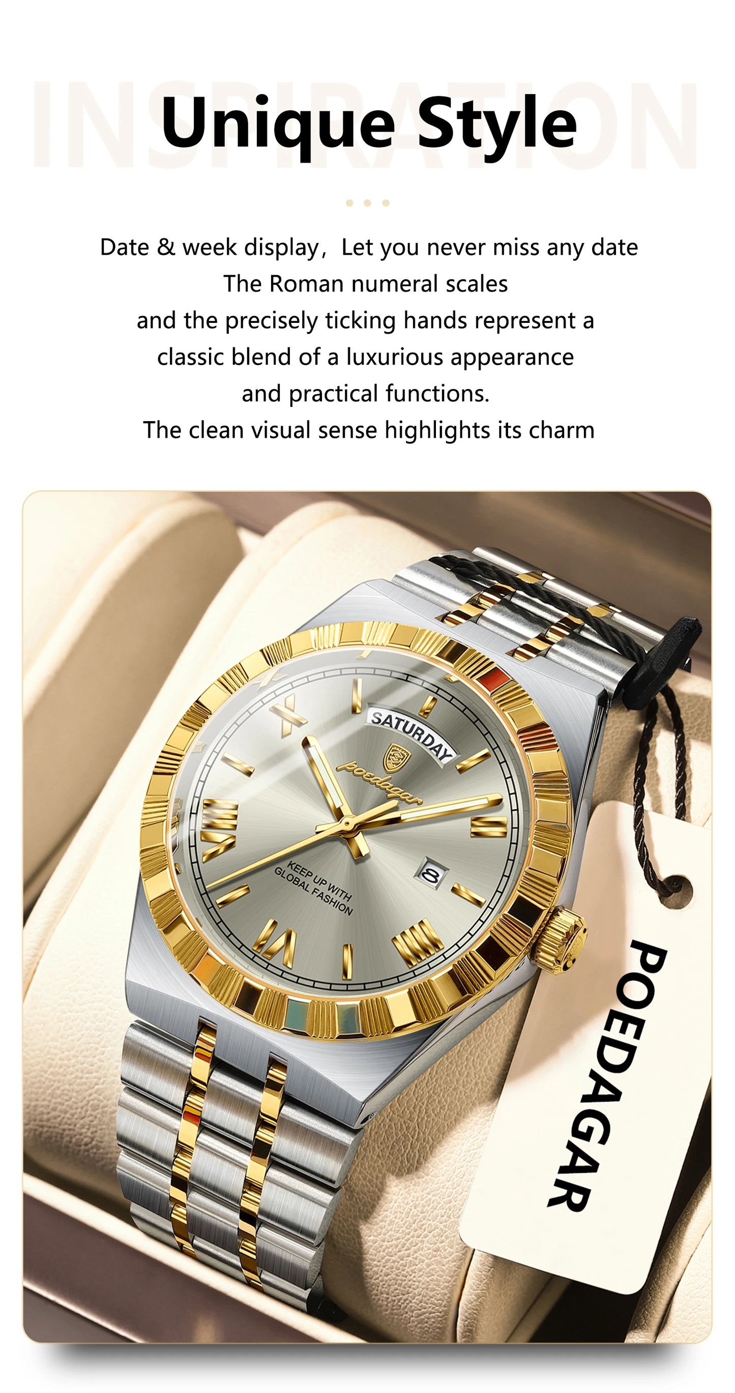 POEDAGAR Original Male Watch Luminous Waterproof Week Date Men Wristwatch Stainless Steel Business Quartz Men's Watches Gift+Box