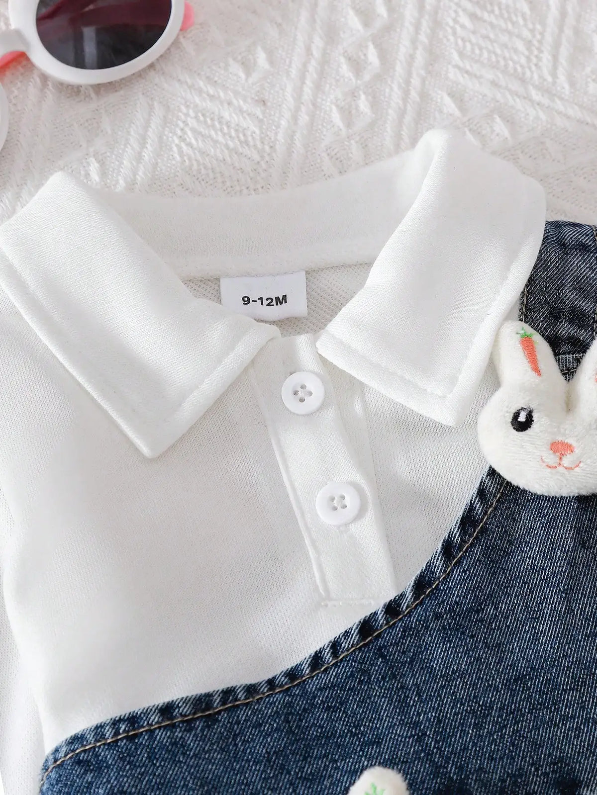 Two piece set of baby girl bubble long sleeved POLO top and three-dimensional bunny jumpsuit denim pants suitable for outdoor pl