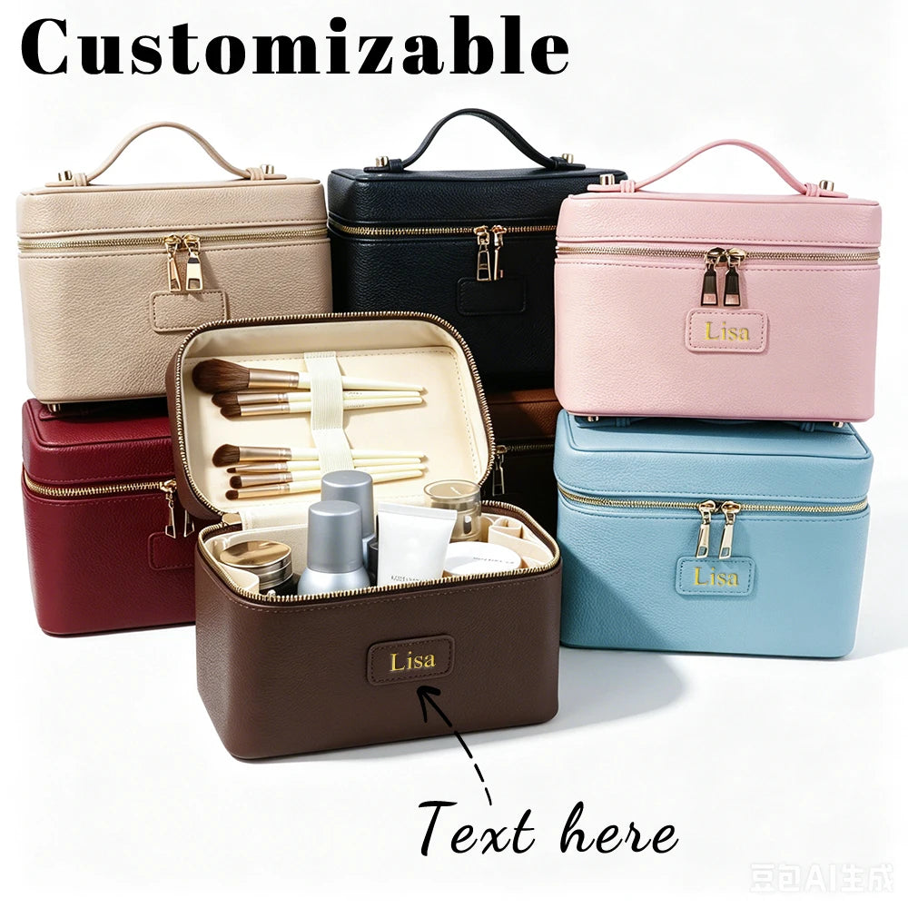 Customized name PU leather makeup bag with compartmentalized storage design, large capacity, and includes a makeup bag.