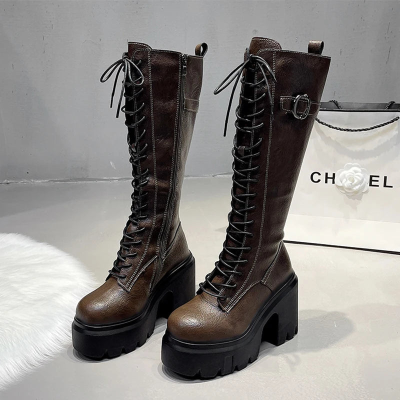 Knee High Women's Boots Lace Up High Heels Shoes Platform Chelsea Boots Winter 2025 Sexy Snow Long Boots Zip Pumps Mujer Botas