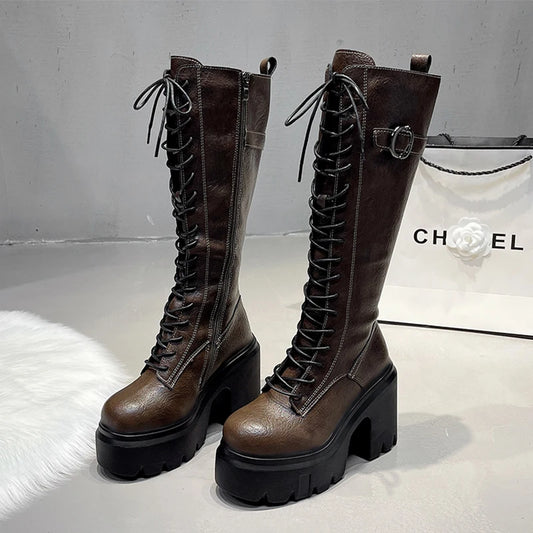 Knee High Women's Boots Lace Up High Heels Shoes Platform Chelsea Boots Winter 2025 Sexy Snow Long Boots Zip Pumps Mujer Botas