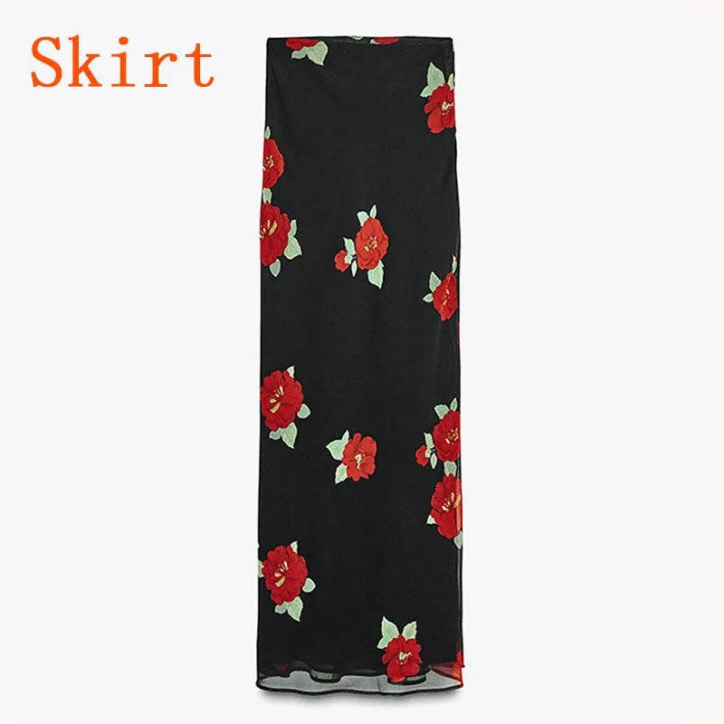 Summer 2-piece Suit Print Flower Mesh Slit Hip-covering Skirt Halter Top Suit Women's Fashion Causal Woman 2 Piece Set Outfit