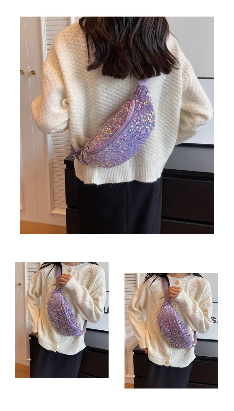 Light Luxury Zipper Fashion Women's Crossbody Bags New Best-selling Sweet Sequin Design Ladies Waist Packs Bolsas Femininas