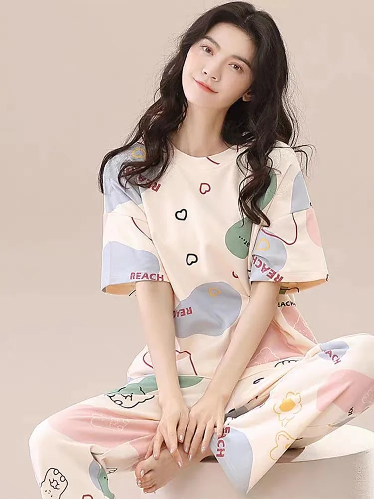 Pyjamas Set for Women‘s Short Sleeve Long Pants Student Casual Cartoon Bear Sweet Cuet Sleepwear Loungewear Romantic Nightwear