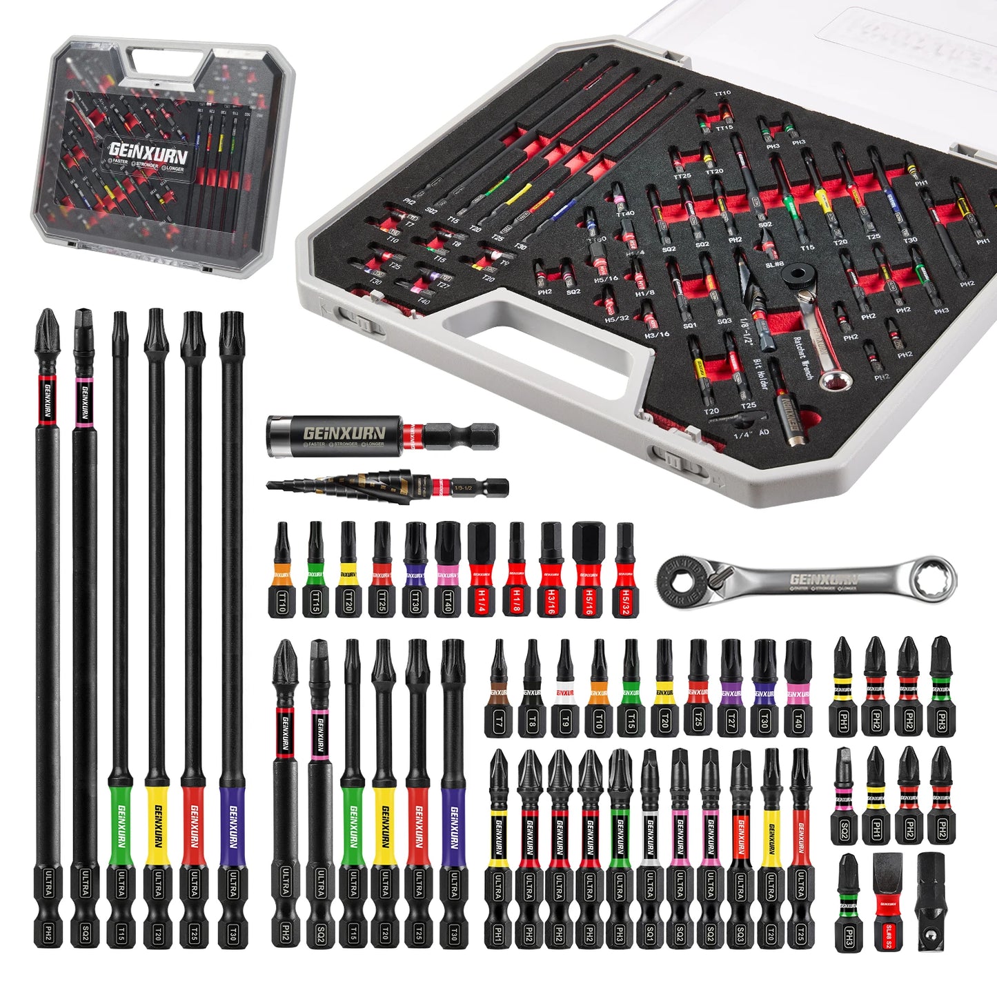 Geinxurn 58Pcs Tools Set Packaged with Impact Screwdriver Bits,Mini Wrech,Step Drill,Socket Adapter and Bit Holder for DIY