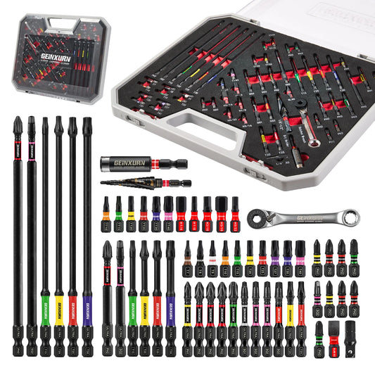 Geinxurn 58Pcs Tools Set Packaged with Impact Screwdriver Bits,Mini Wrech,Step Drill,Socket Adapter and Bit Holder for DIY