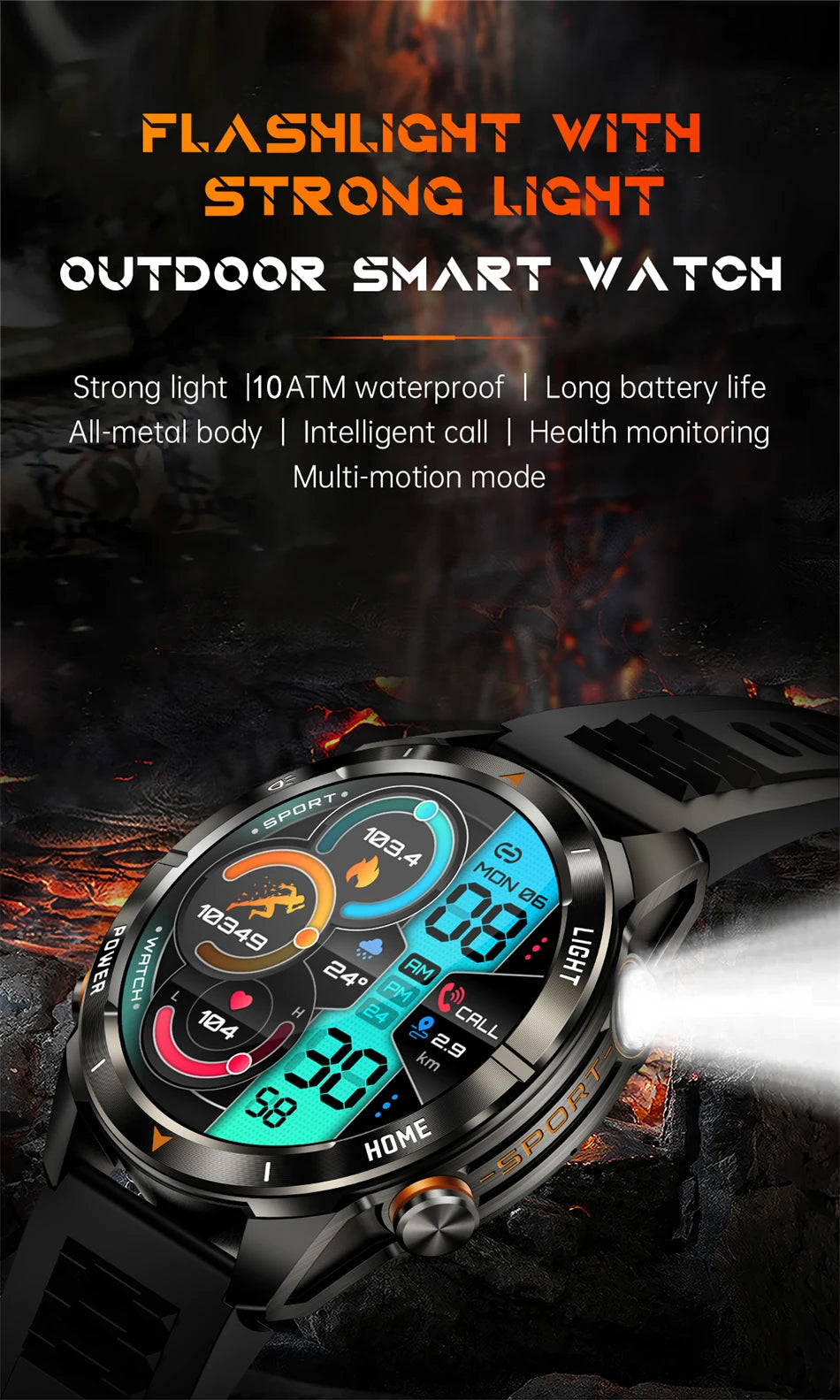 Military Smart Watch Men 10ATM Waterproof 1.46" AMOLED Screen LED Flashlight 515mAh Battery Heart Rate Sport BT Call Smartwatch