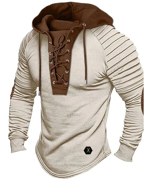 Men’s Lace-Up Hoodie Long Sleeve Pullover Slim Fit Sweatshirt Ribbed Arm Patchwork Design Off White Streetwear Tops