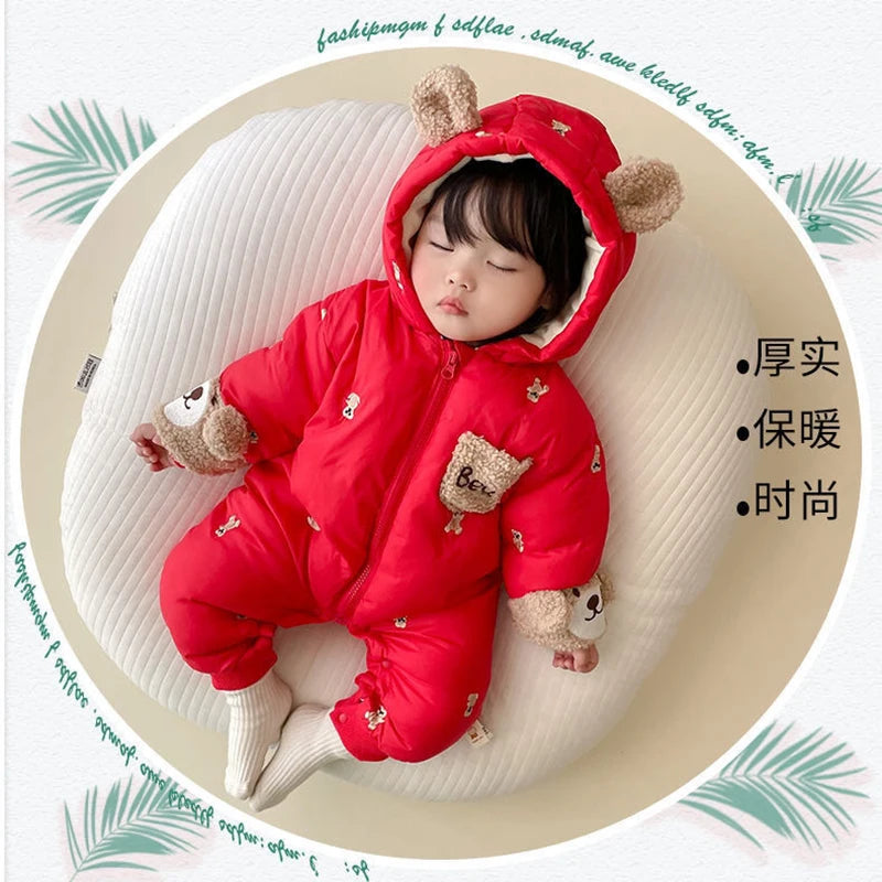 New Winter Thick Keep Warm Boys Girls Rompers Lined With Velvet Cartoon Bear Pattern Hooded Bodysuits For 1-2 Years Old Kids