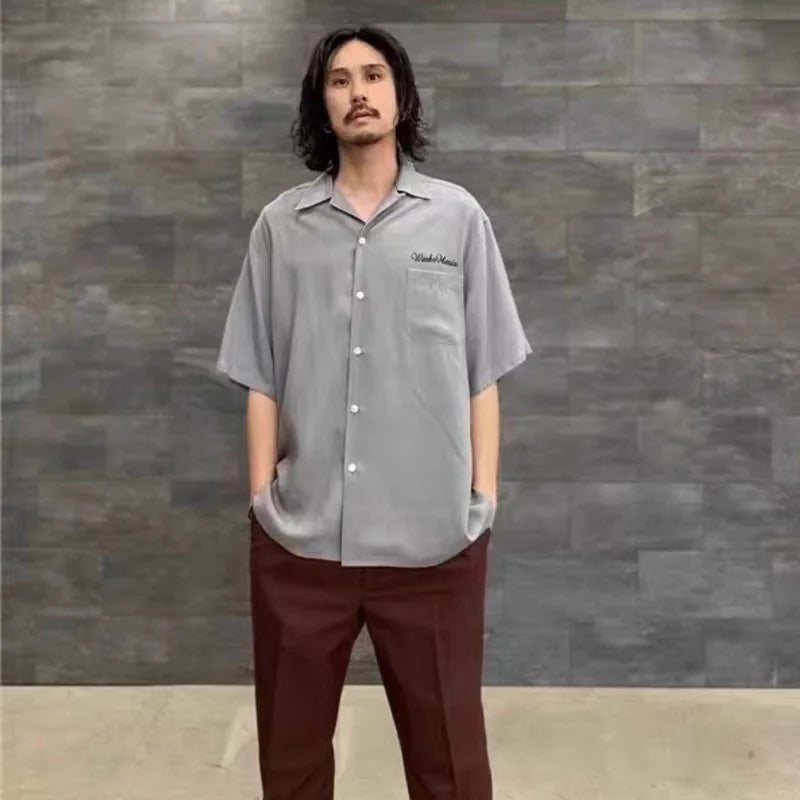 High-end Summer WACKO MARIA Solid Color Cursive wackomaria Embroidery Logo Simple Hawaii Short Sleeve Shirt