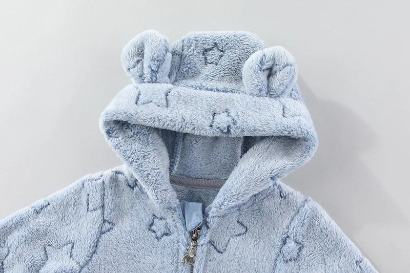 YBFSKID Autumn Winter Kids Boy Romper Star Jacquard Newborn Baby Girls Bodysuit Velvet Hooded Zipper Infant Girl Jumpsuit Outfit