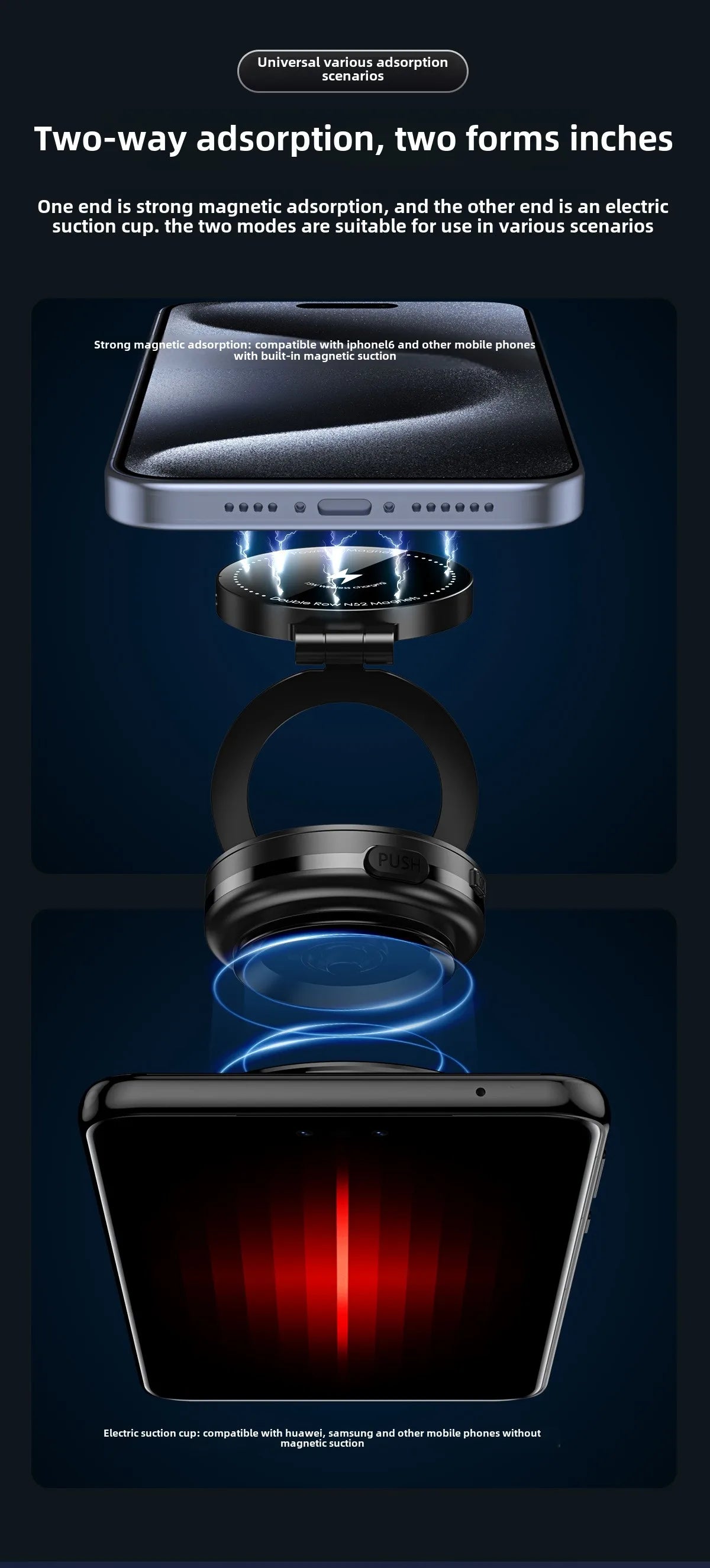 15W Wireless Charger  Double Sides Phone Holder Magnetic Vacuum Adsorption Bracket Foldable GPS Stand Electric Sucker Cup Suppor