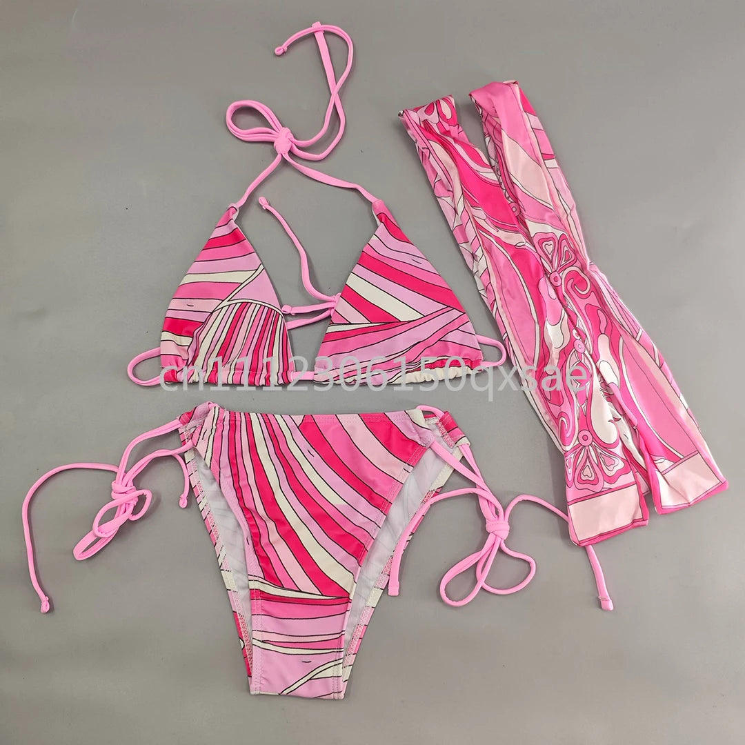 Women's Pink Headband Scarf Swimsuits with Letter Signature Logo Lady Headband Scarf Bikini Sets Beachwear Swimwear