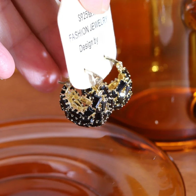 Korean new design fashion jewelry 14K gold plated black zircon bag earrings elegant women's daily work accessories