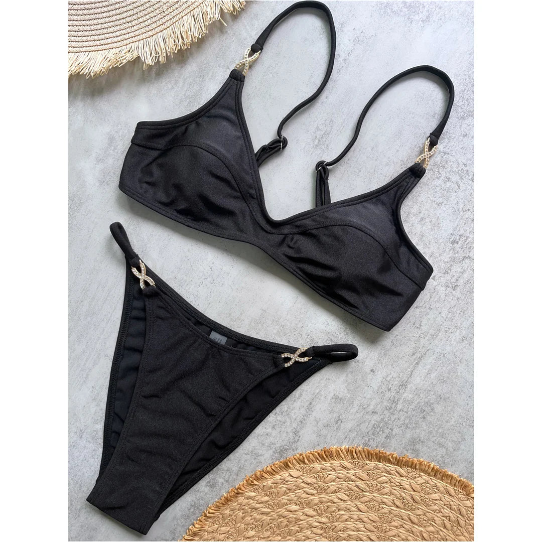 10 Colors V Neck Rhinestones Bikini Female Swimsuit Women Swimwear Two-Pieces Bikini Set Padded Bather Bathing Suit Swim V8138