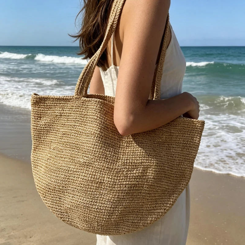 Summer Handmade Raffia Woven Bag, Women's Simple Fashion Shoulder Tote, Beach Vacation Straw Purse,Casual Lightweight for Travel