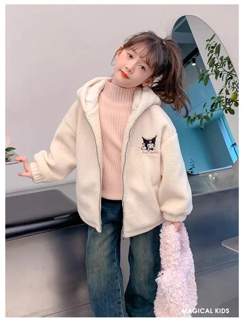 Winter 2025 New Cartoon Sanrio Kuromi Girls' Velvet Jacket Plus Velvet Children'S Polar Fleece Hooded Clothes Girls Winter Cloth