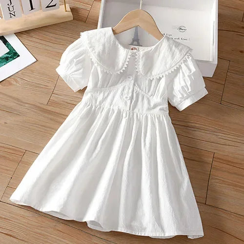 2025 New Summer Baby Girl Birthday Wedding Party Dress Short Sleeved Cotton Solid Color Dress 2-10Yrs Kids Princess Dresses