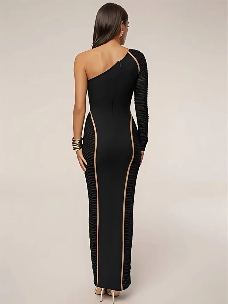 Mozision One Shoulder Backless Sexy Maxi Dress Women Gown Elegant Skew Collar Single Sleeve Ruched Bodycon Club Party Long Dress