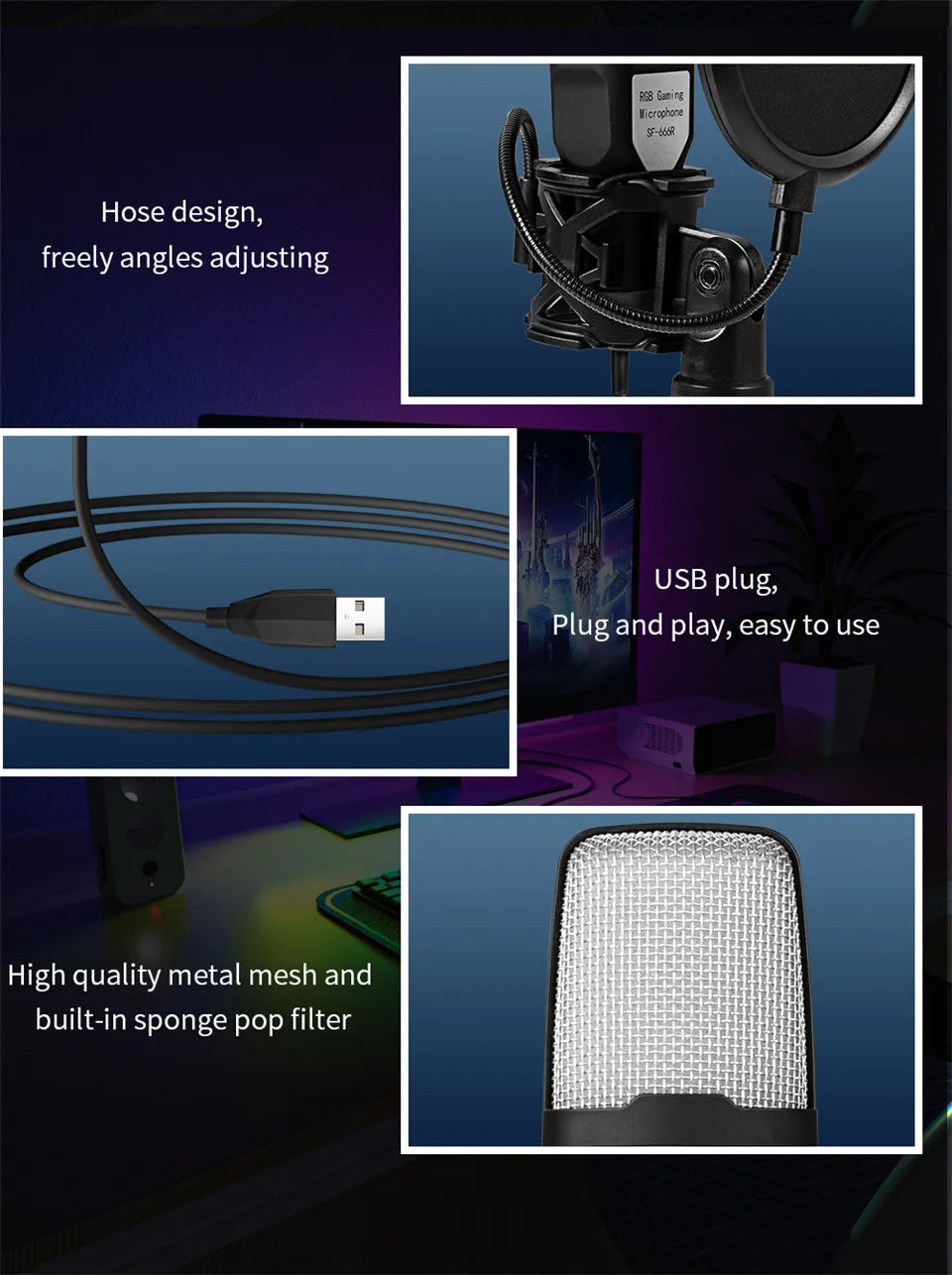 USB Microphone RGB Microfone Condensador Wire Gaming Mic for Podcast Recording Studio Streaming Laptop Desktop PC