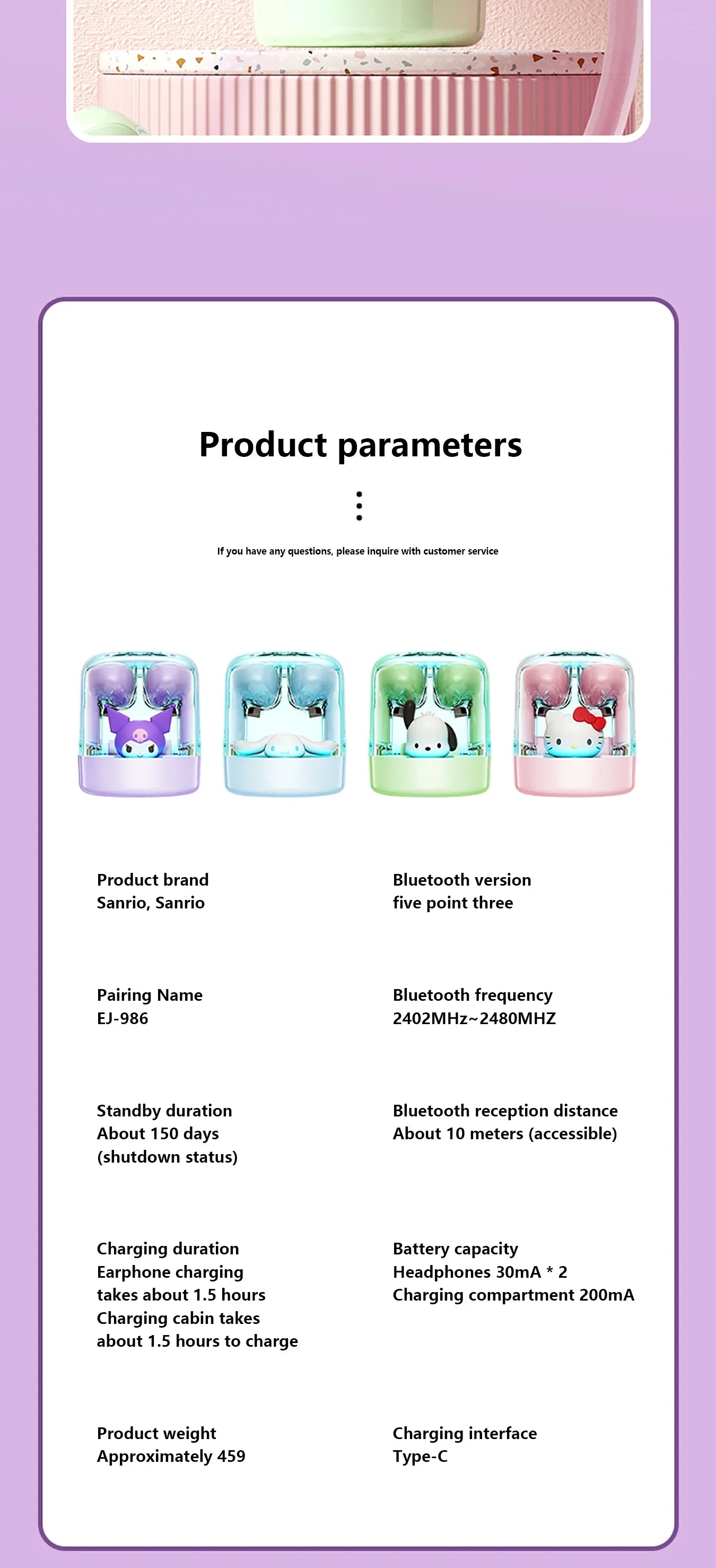 Sanrio EJ-986 TWS Earbuds Kuromi Hello Kitty Wireless Earphones Bluetooth Transparent Warehouse HIFI Sound Headsets Long Battery