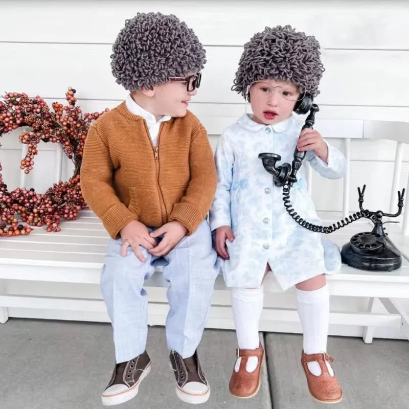 Cosplay Kids Boy Girl Hat Cute Old Lady Woman Curly Hair Wig Cap Skullies Beanies Winter Warm Knit Children Baby Hats and Caps