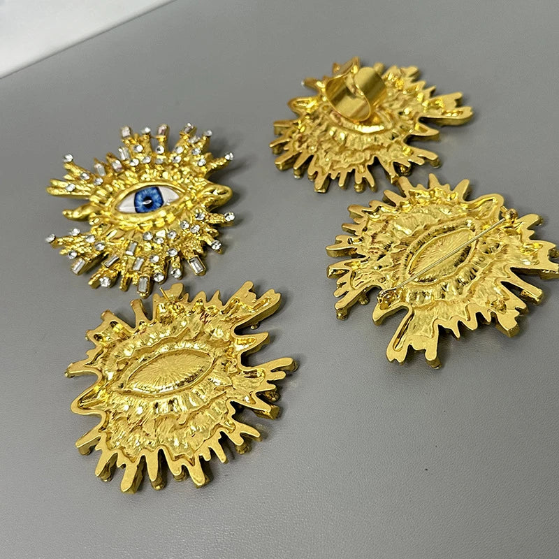 Exaggerated Sparkling Crystal Eye Earrings Retro Luxury Open Ring Brooch Earring Set