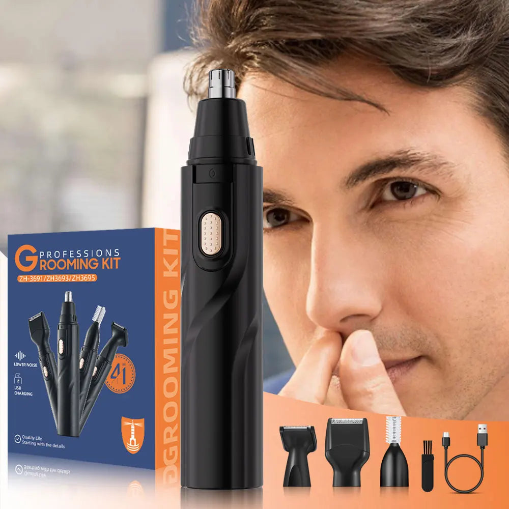 1 rechargeable ear and nose hair clipper kit - USB charging, 4 interchangeable heads, men's and women's portable design