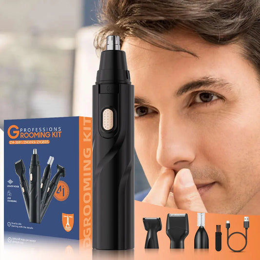 1 rechargeable ear and nose hair clipper kit - USB charging, 4 interchangeable heads, men's and women's portable design
