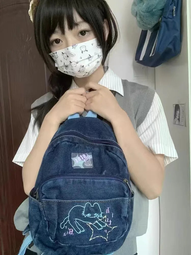 Fashion Small Denim Backpack Kawaii Cat School Bag Mini Cute Schoolbag Deep Blue Backpacks Aesthetic Japanese Preppy Book Bags