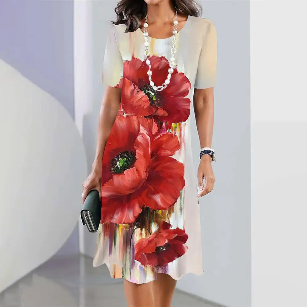 2024 New Spring Women's Dresses Floral Printed Elegant Casual Short Sleeve Dresses Fashion Oversized Women's Dresses