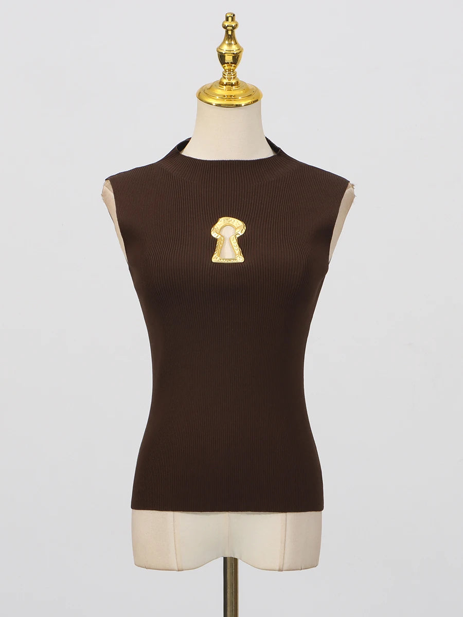 VGH American Casual Spliced Hollow Out Vest for Women Stand Collar Sleeveless Slimming Minimalist Tank Top Female Clothing New