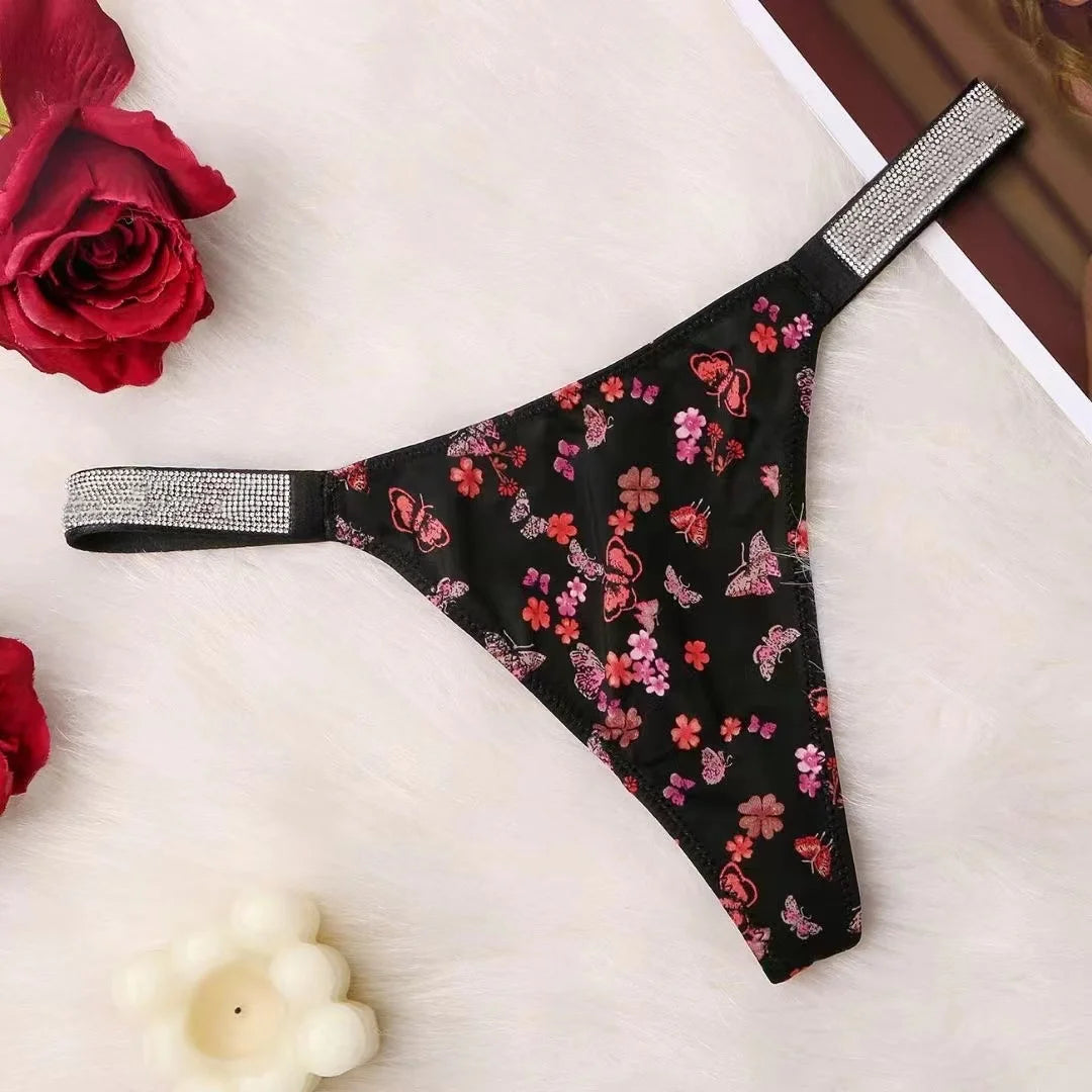 Fashion large size printed women's underwear comfortable rhinestone sexy underwear pink brand thong seamless t-pants metal chain