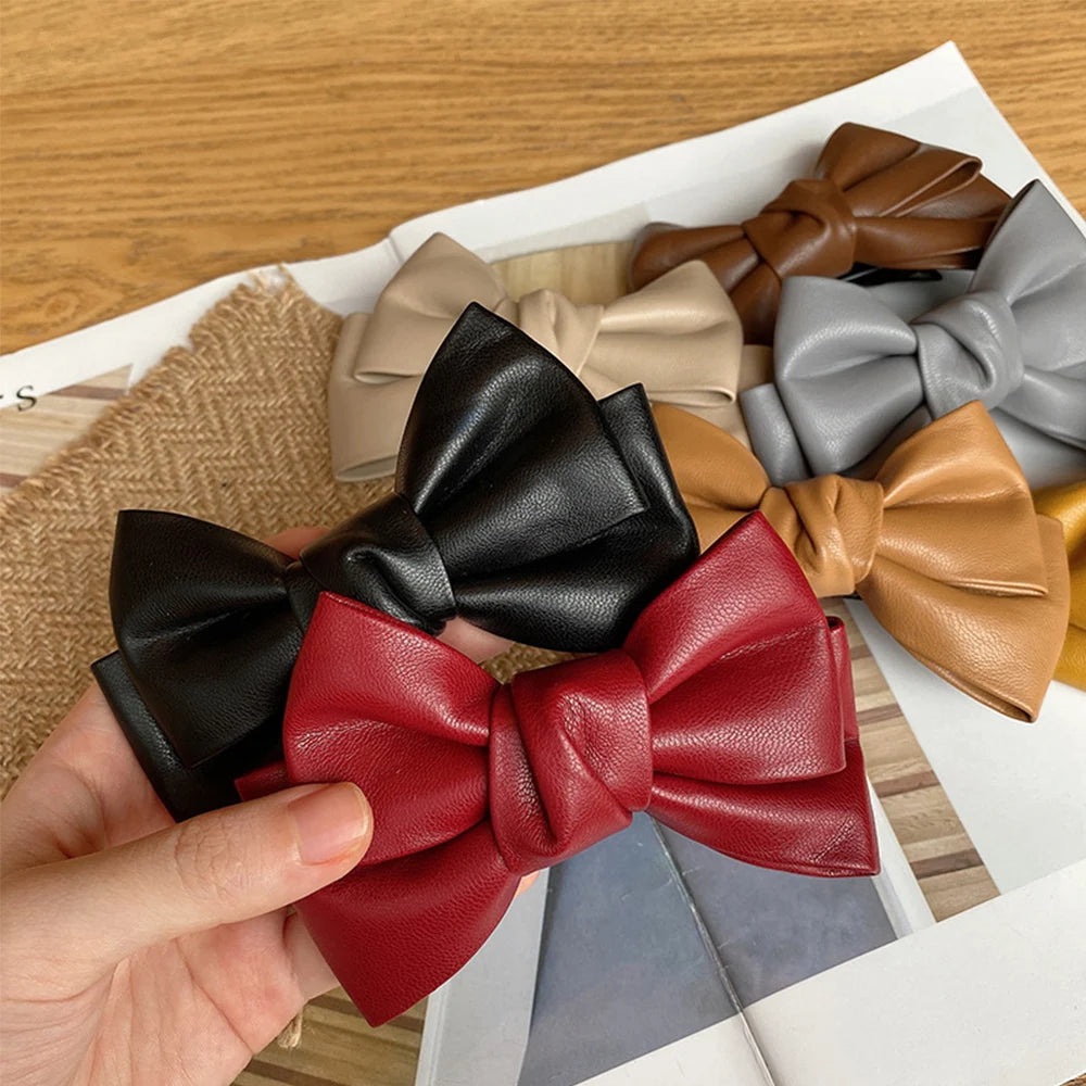 Accessories Hair Ornament Solid Color PU Leather Girls Duckbill Clips Headwear Bow Hairpin Spring Clips Hair Clips