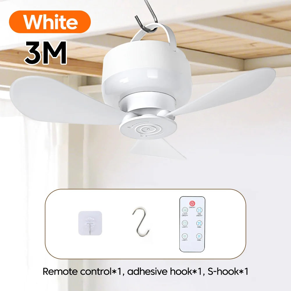 1.5/3M Ceiling Fan With LED Light and Remote Control USB Charging Household Outdoor Camping Tent Student Dormitory Bed Small Fan