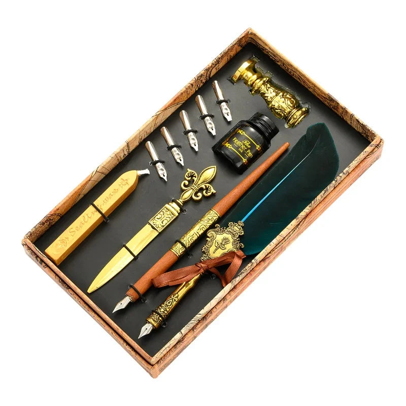 Sprinkling Gold Vintage Feather Pen Set Luxury Fountain Pen Ink Bottle Calligraphy Writing Dip Pen Nib Quill Birthday Gift Box