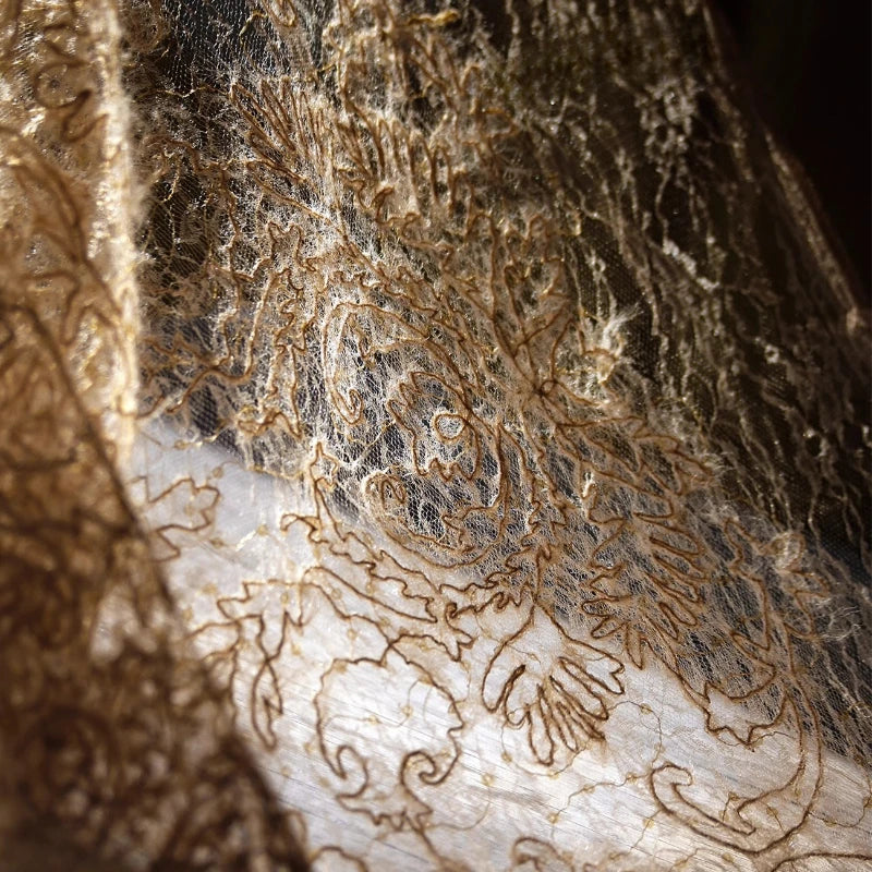 Vintage Brown Sheer Mesh Jacquard Fabric with Fringe Sequins Textured Hanfu Dress Coat Material Designer Clothing Luxury Fashion