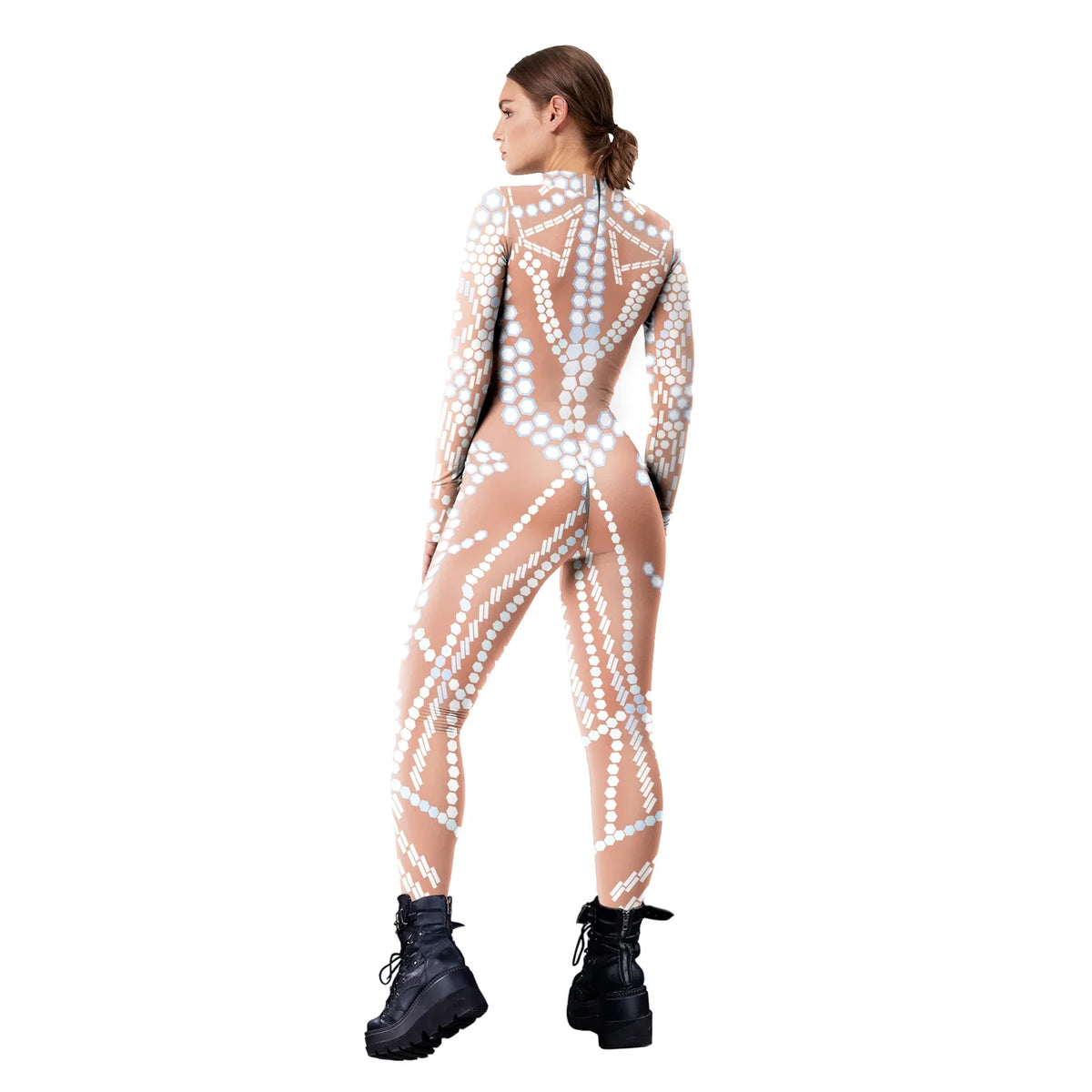 Halloween Cosplay Costume Shiny Sexy Lace Sequins Pattern 3D Printed Slim Bodysuit Theme Party Role Playing Jumpsuit for Women