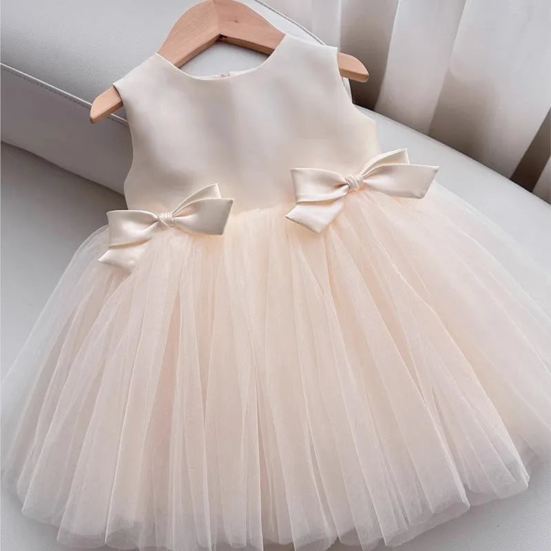 Baby Girl Princess Bow Silk Tutu Dress Sleeveless Infant Toddler Child Elegant Solid Vestido Birthday Party Baby Clothes 1-5Y