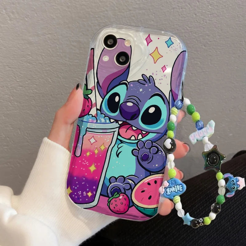 Cartoon Cute Stitch Wrist Strap Lanyard Case For iPhone 16 11 15 12 Pro Max 13 Mini 14 Plus 16e 7 8 Plus XR SE Shockproof Cover