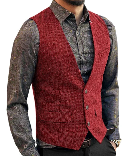 Deep V-Neck Suit Vests  Classical Formal  Business Herringbone  Wood Waistcoat Slim Fit Men's Vest For Wedding