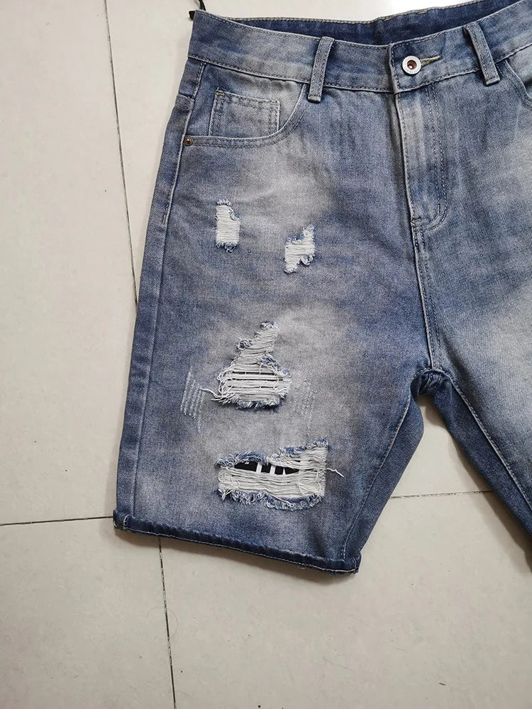 New Korean Style Clothes Luxury Washed Distressed Boyfriend Men's Casual Summer Denim Jeans Distressed Holes Prints Shorts Male