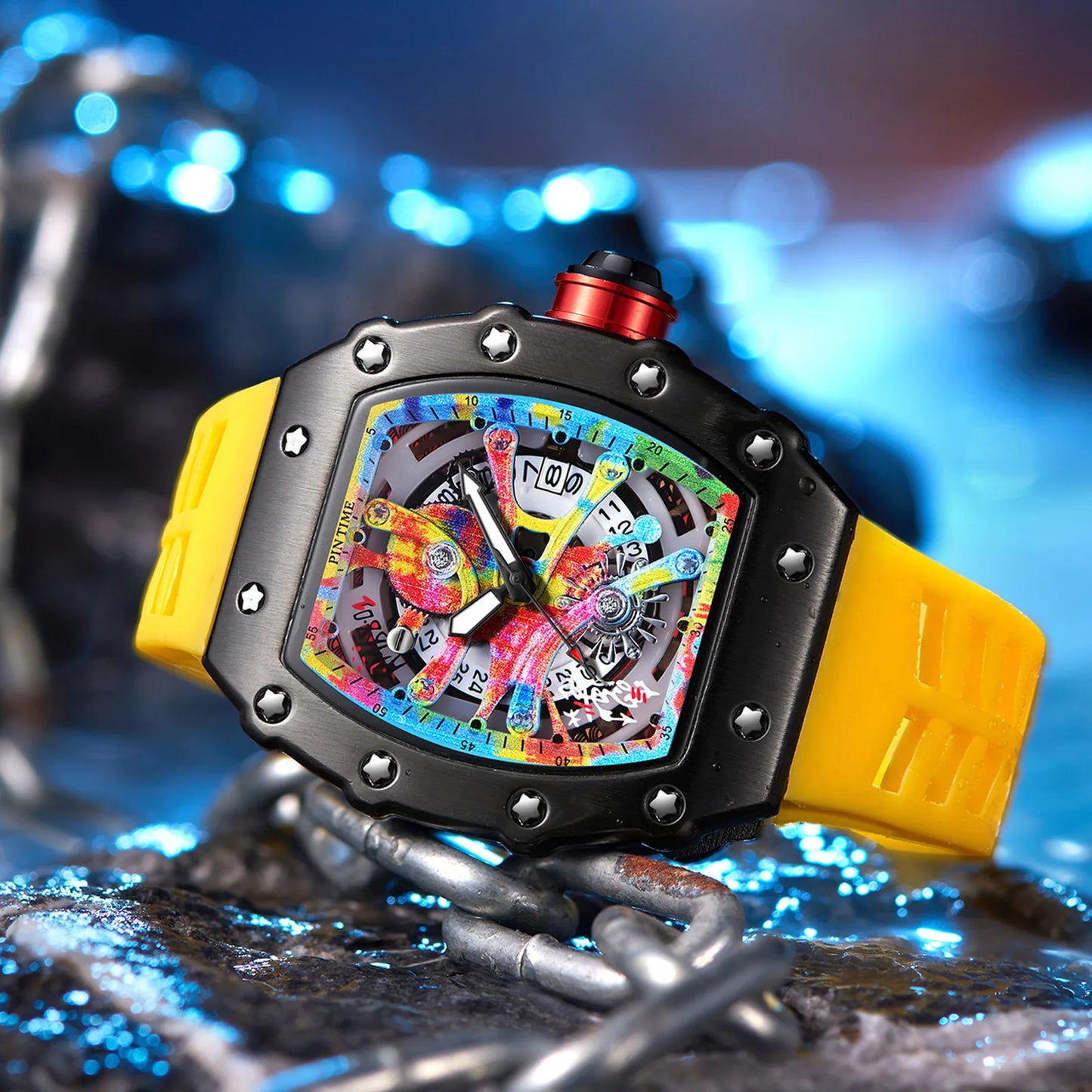High-end Colored Hip Hop Dial  PINTIME Watch for Men Silicone Strap Stainless Steel Case Fashion Waterproof Quartz Wristwatch