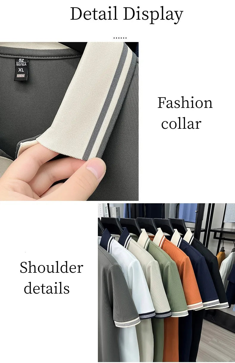 Light luxury summer new short sleeve polo shirt silky breathable high-end men's fashion personalized color blocked lapel T-shirt