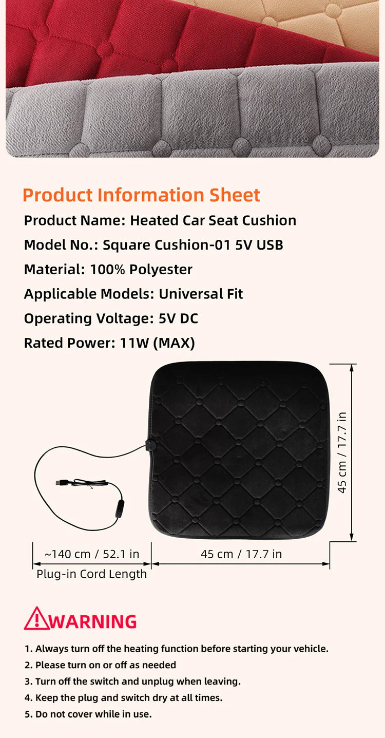 Winter heated seat cushion, sedan automatic power-off speed, thermoelectric heating small square cushion, car USB warm car seat