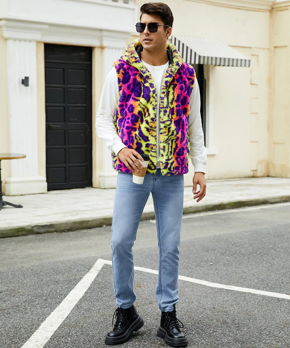Autumn and Winter New Fashion Mens Warm Vest Imitation Fur Leopard Print Contrasting Plush Vest
